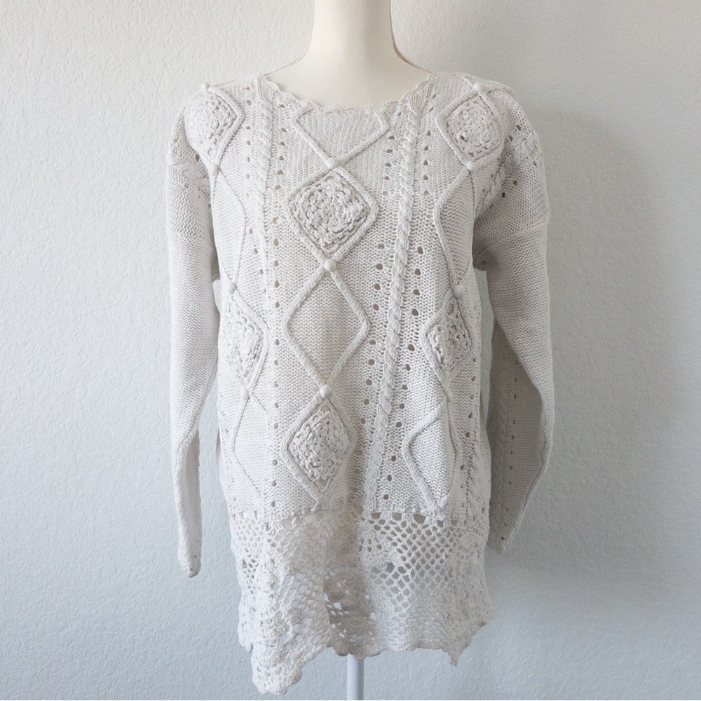 Rebecca Stone White Knit Sweater Crochet Hem Boho‎ Cottagecore Large